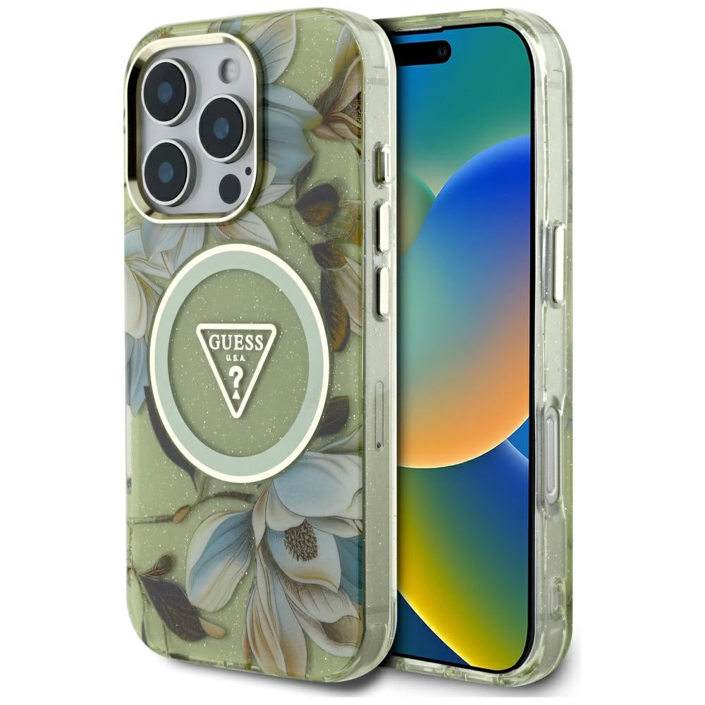 Pouzdro MagSafe pro Apple iPhone 16 Pro, Guess, IML Metal Glitter Flowers Triangle, Zelená