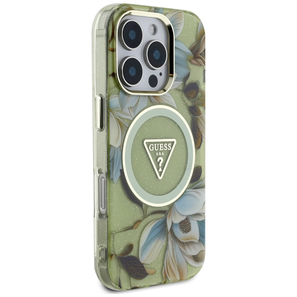 Pouzdro MagSafe pro Apple iPhone 16 Pro, Guess, IML Metal Glitter Flowers Triangle, Zelená