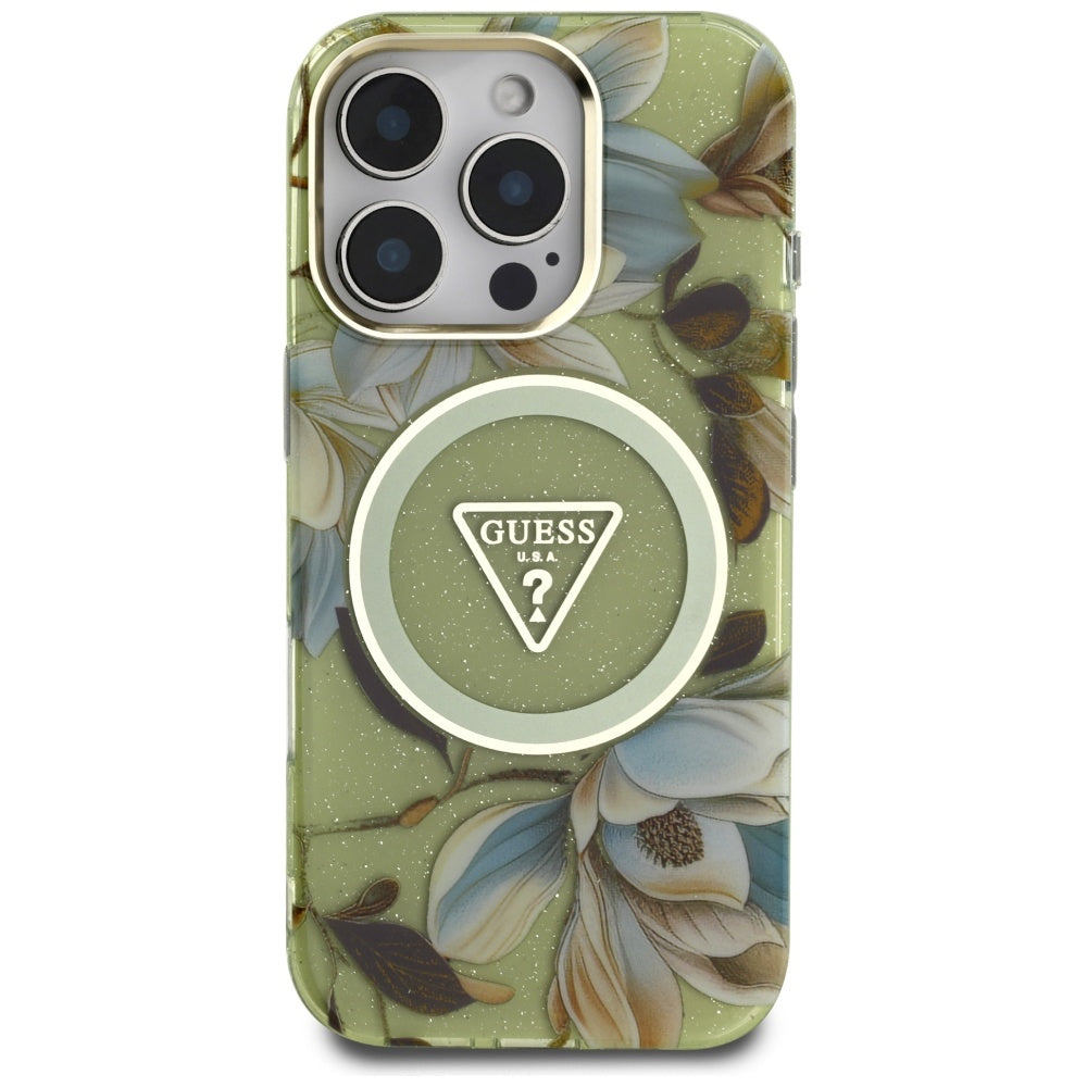 Pouzdro MagSafe pro Apple iPhone 16 Pro, Guess, IML Metal Glitter Flowers Triangle, Zelená