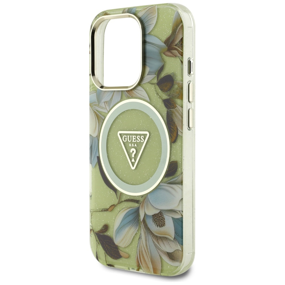 Pouzdro MagSafe pro Apple iPhone 16 Pro, Guess, IML Metal Glitter Flowers Triangle, Zelená