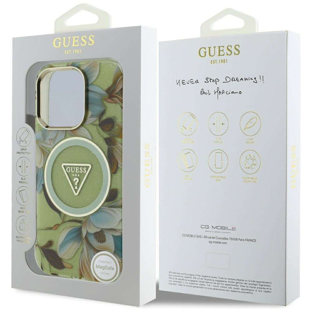 Pouzdro MagSafe pro Apple iPhone 16 Pro, Guess, IML Metal Glitter Flowers Triangle, Zelená