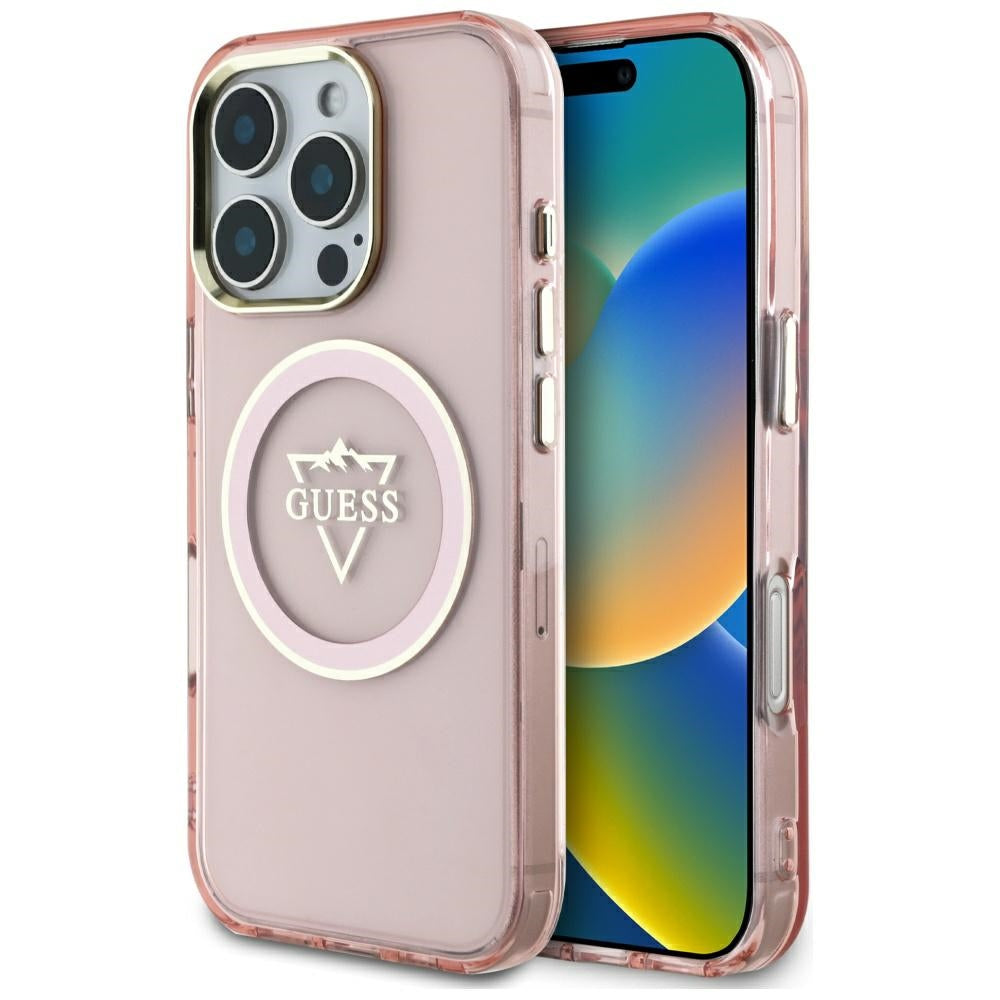 Pouzdro MagSafe pro Apple iPhone 16 Pro, Guess, IML Metal Mountain Logo, Růžové
