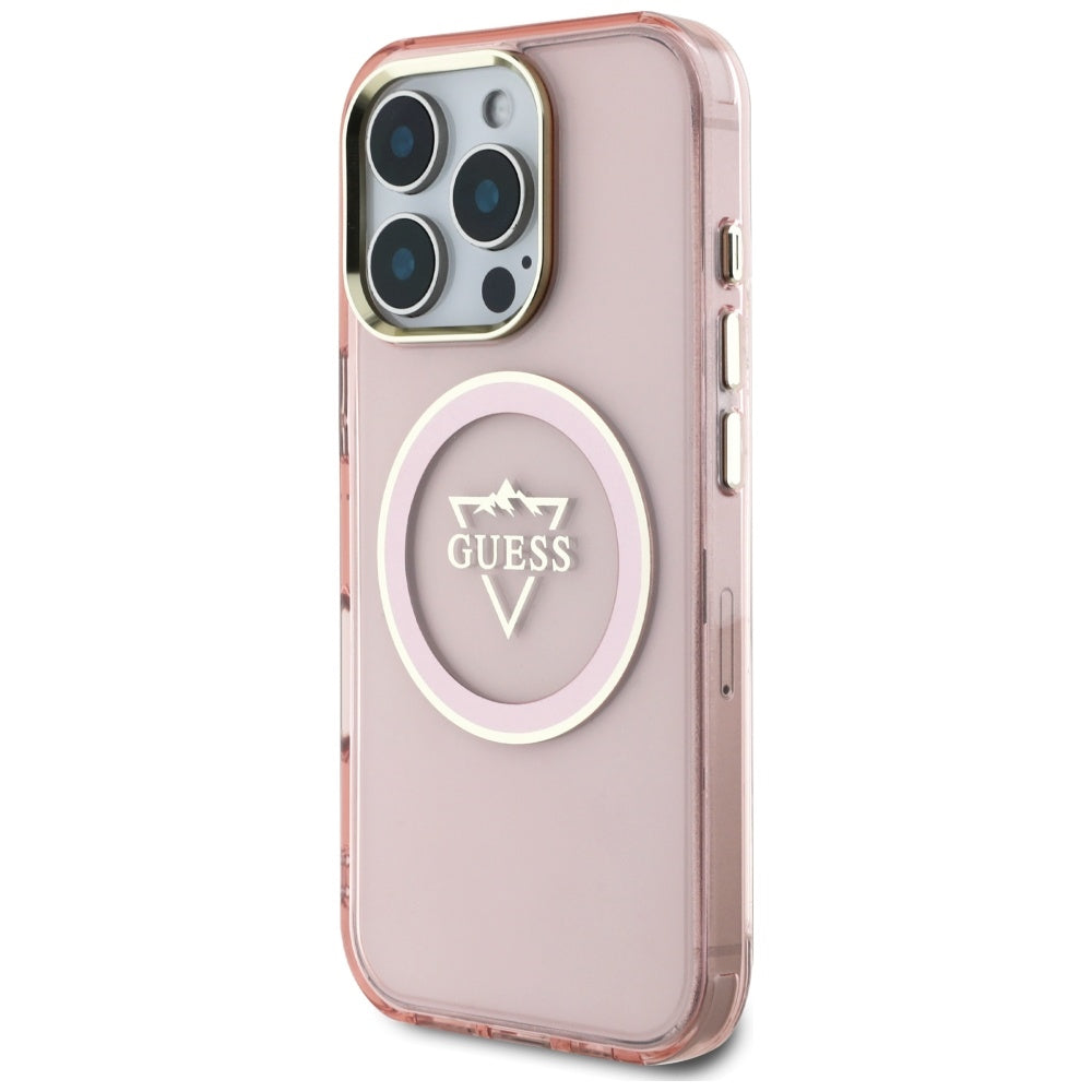 Pouzdro MagSafe pro Apple iPhone 16 Pro, Guess, IML Metal Mountain Logo, Růžové