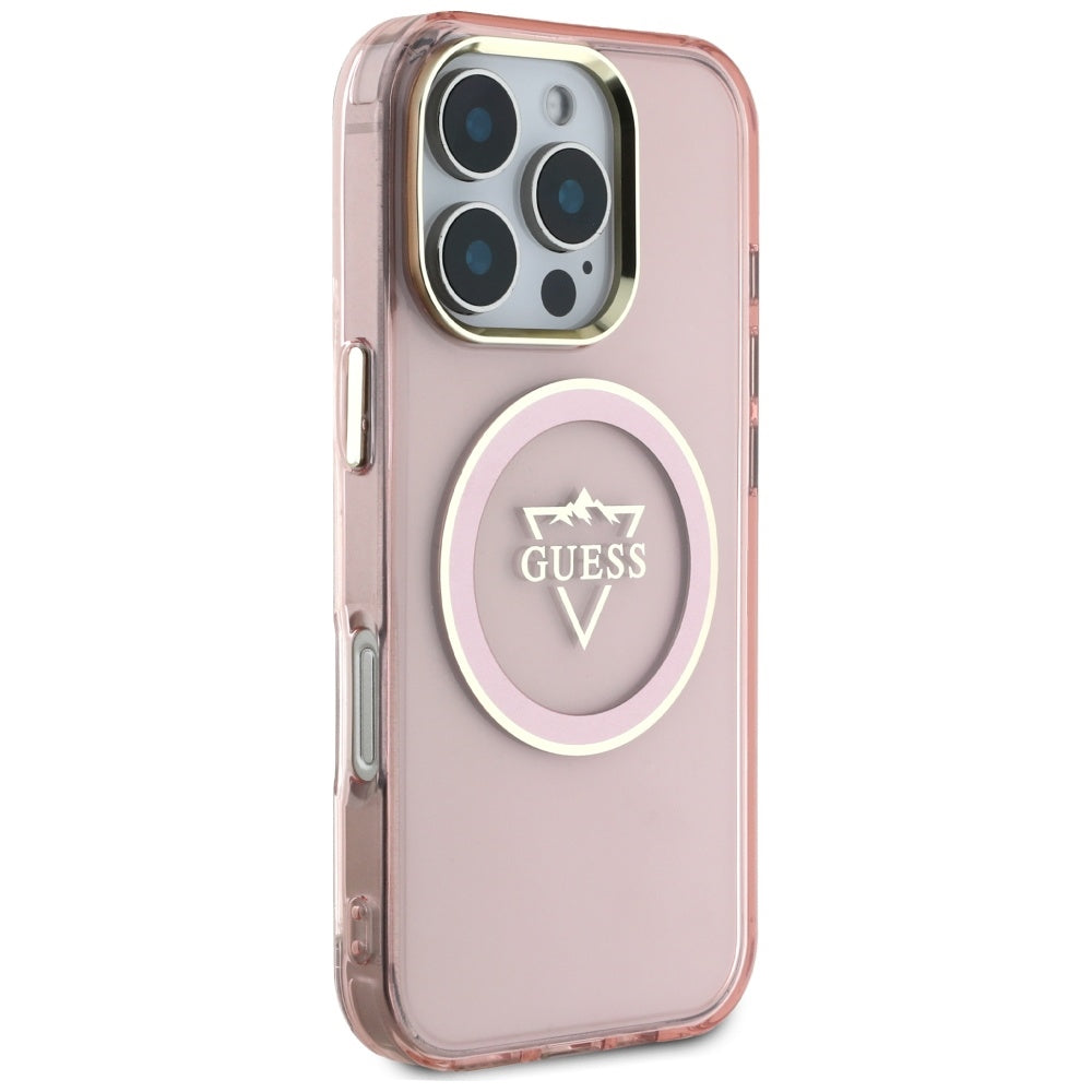Pouzdro MagSafe pro Apple iPhone 16 Pro, Guess, IML Metal Mountain Logo, Růžové