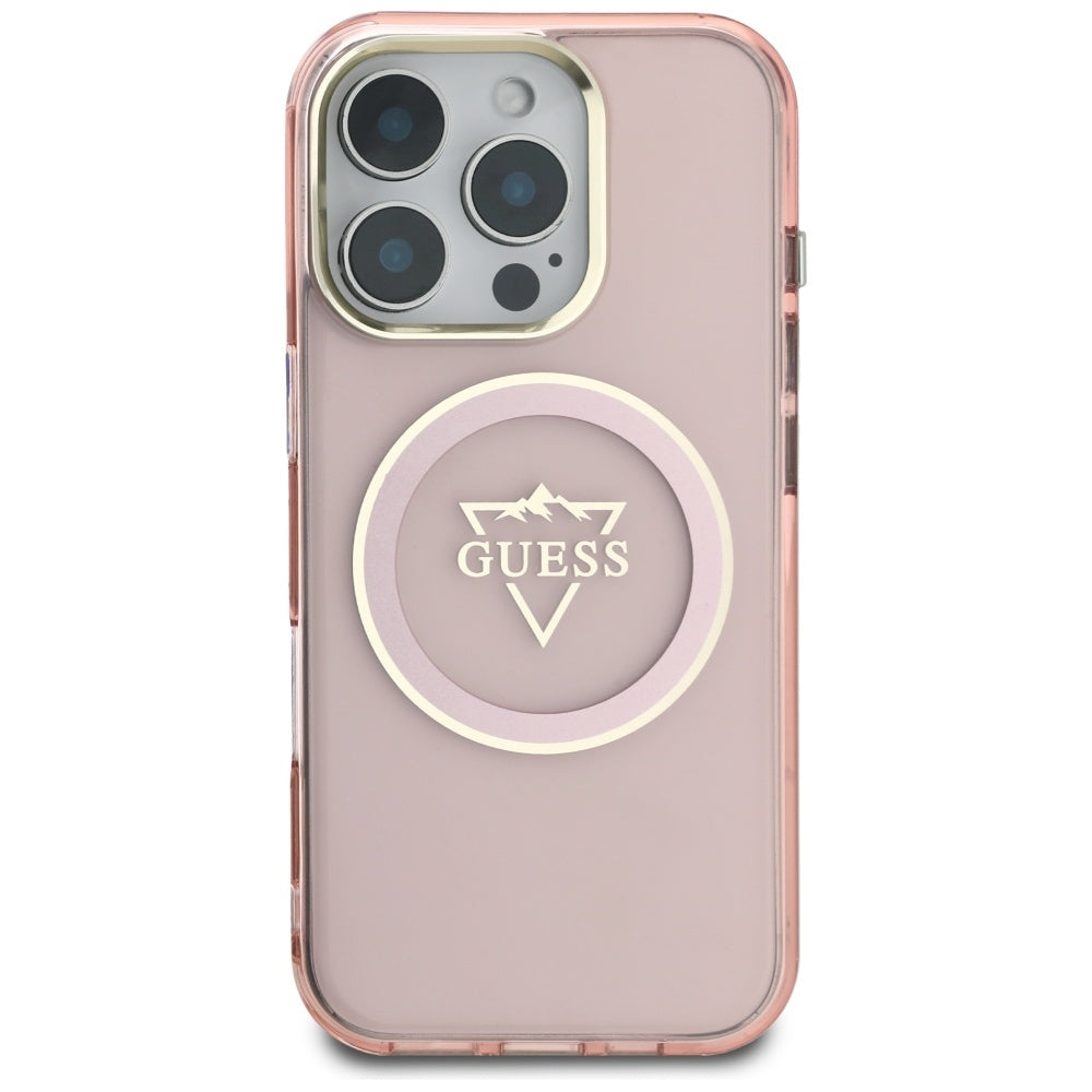 Pouzdro MagSafe pro Apple iPhone 16 Pro, Guess, IML Metal Mountain Logo, Růžové