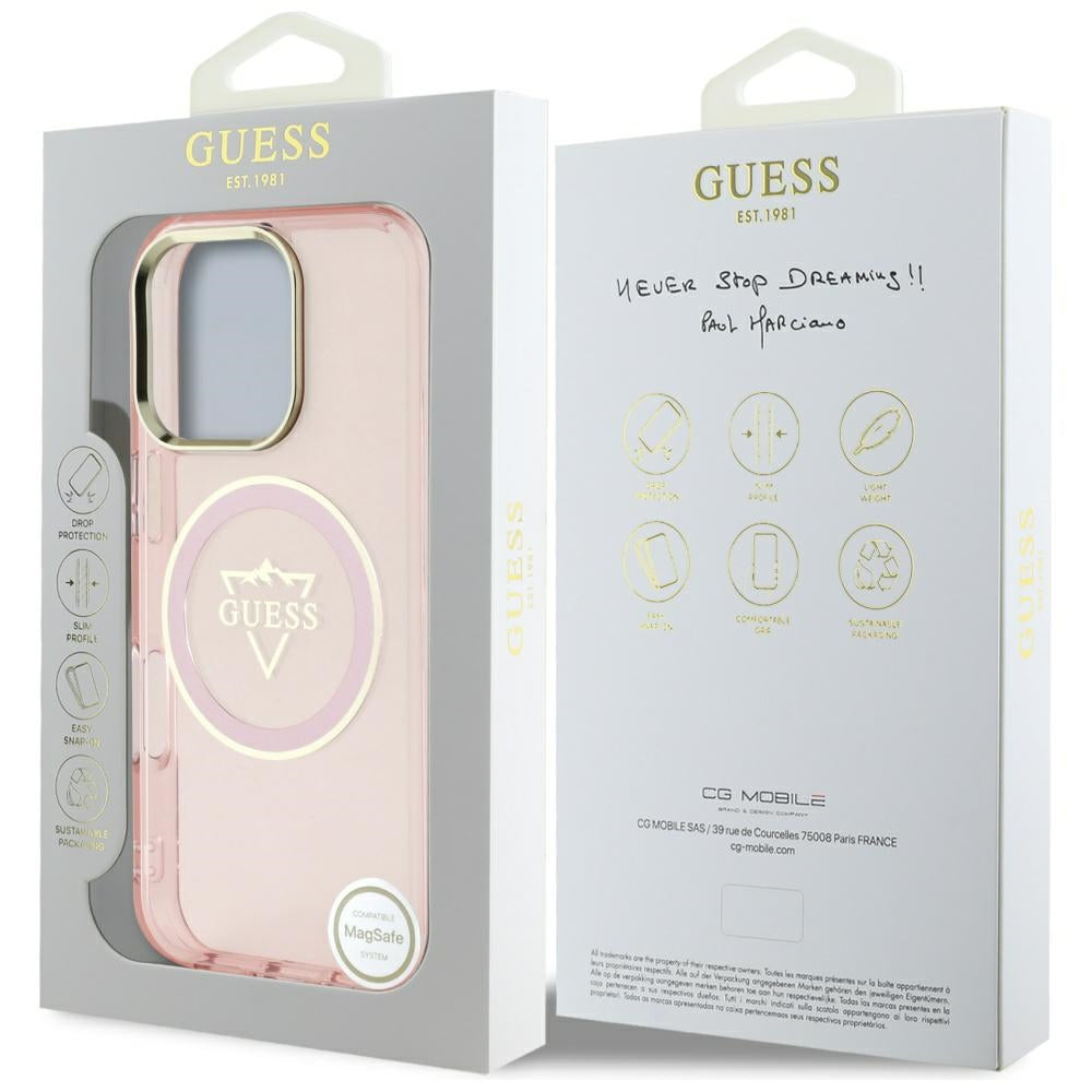 Pouzdro MagSafe pro Apple iPhone 16 Pro, Guess, IML Metal Mountain Logo, Růžové
