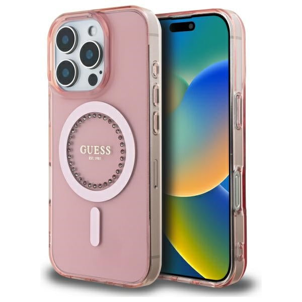 Pouzdro MagSafe pro Apple iPhone 16 Pro, Guess, IML Rhinestone, Růžové