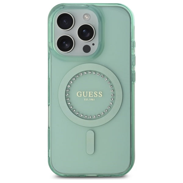 Pouzdro MagSafe pro Apple iPhone 16 Pro, Guess, IML Rhinestone, Zelená