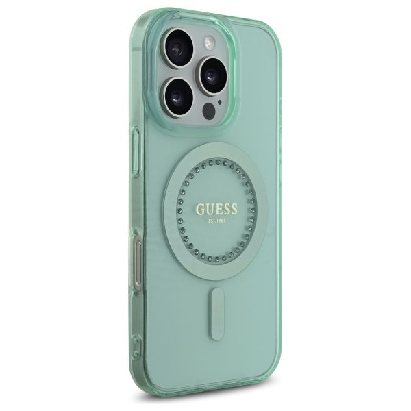 Pouzdro MagSafe pro Apple iPhone 16 Pro, Guess, IML Rhinestone, Zelená