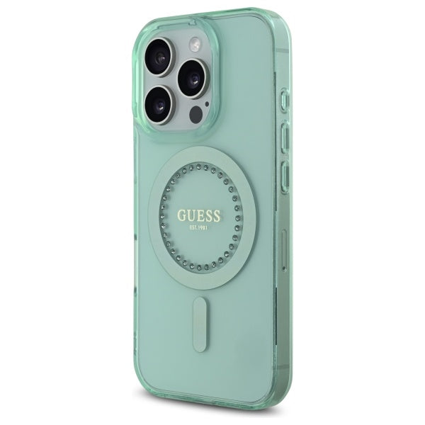 Pouzdro MagSafe pro Apple iPhone 16 Pro, Guess, IML Rhinestone, Zelená