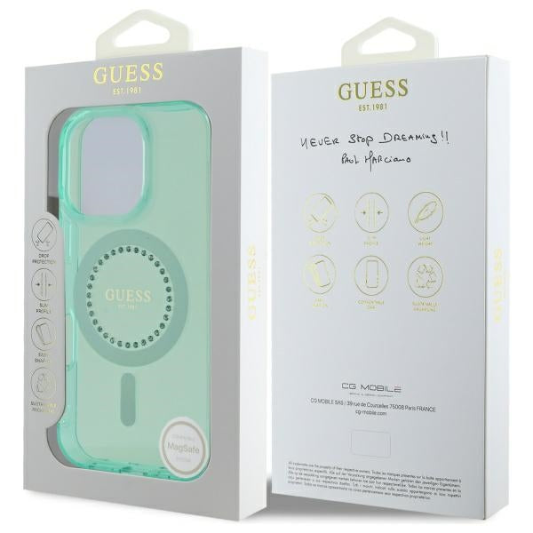 Pouzdro MagSafe pro Apple iPhone 16 Pro, Guess, IML Rhinestone, Zelená