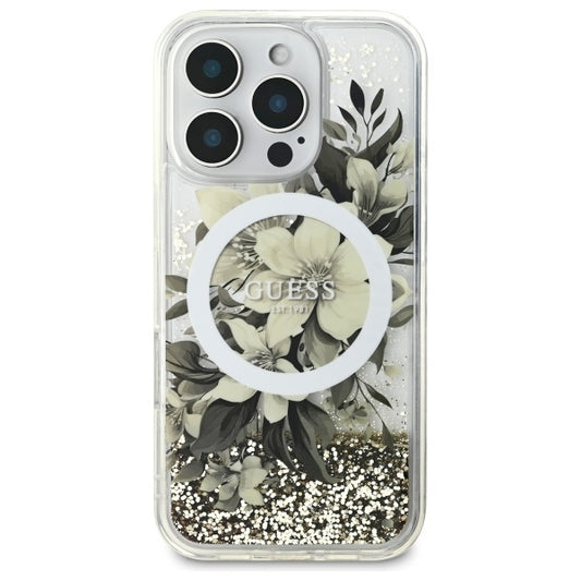 Pouzdro MagSafe pro Apple iPhone 16 Pro, Guess, Liquid Glitter Flower, Bežové