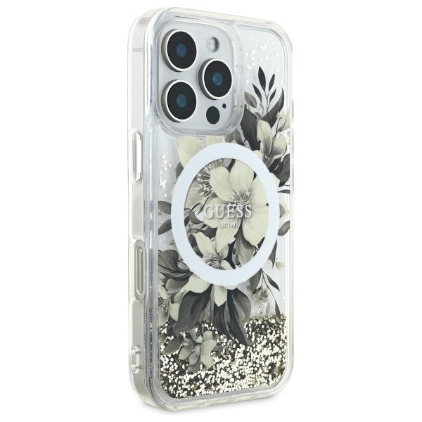 Pouzdro MagSafe pro Apple iPhone 16 Pro, Guess, Liquid Glitter Flower, Bežové