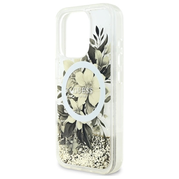 Pouzdro MagSafe pro Apple iPhone 16 Pro, Guess, Liquid Glitter Flower, Bežové
