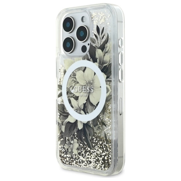 Pouzdro MagSafe pro Apple iPhone 16 Pro, Guess, Liquid Glitter Flower, Bežové