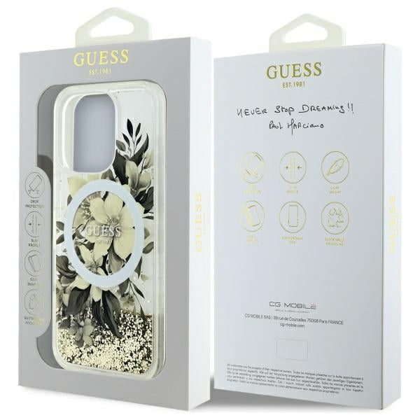 Pouzdro MagSafe pro Apple iPhone 16 Pro, Guess, Liquid Glitter Flower, Bežové