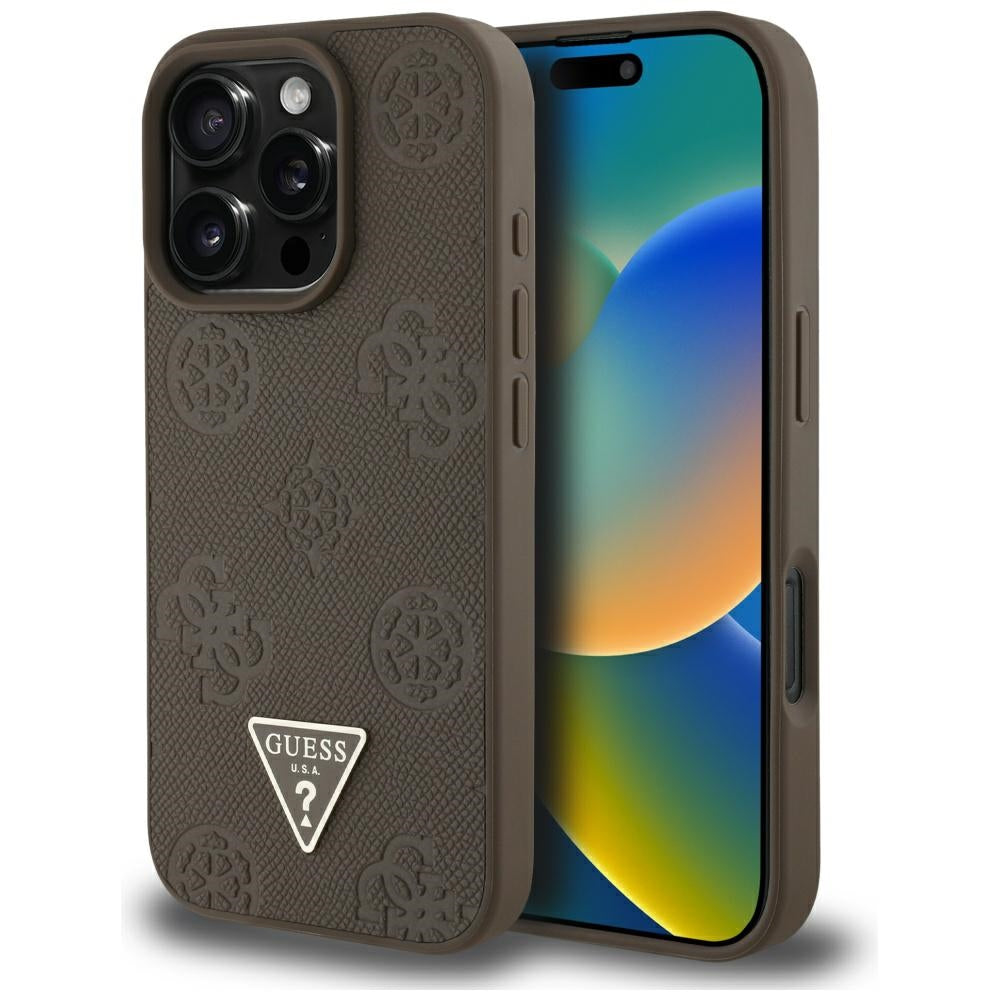 Pouzdro MagSafe pro Apple iPhone 16 Pro, Guess, Peony Grained Hot Stamp Triangle, Hnědá