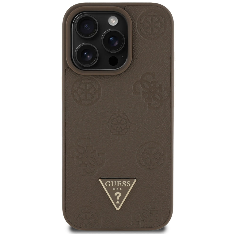 Pouzdro MagSafe pro Apple iPhone 16 Pro, Guess, Peony Grained Hot Stamp Triangle, Hnědá