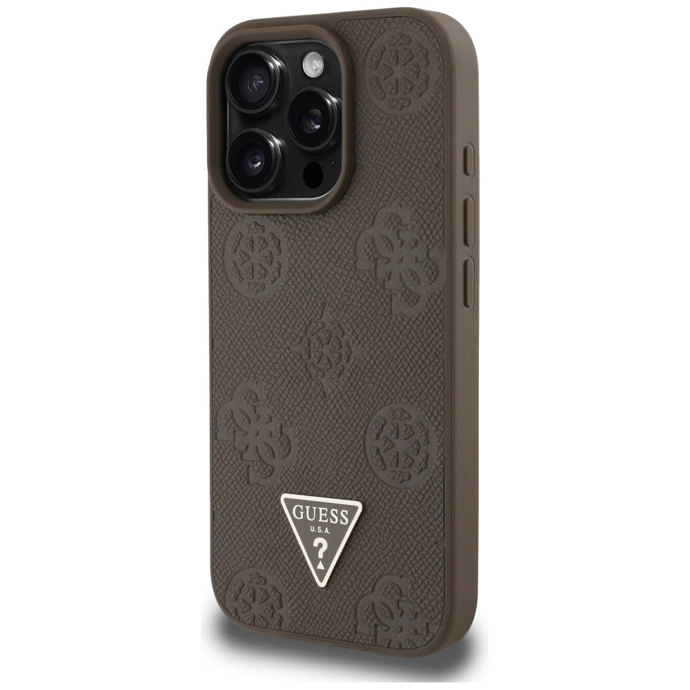Pouzdro MagSafe pro Apple iPhone 16 Pro, Guess, Peony Grained Hot Stamp Triangle, Hnědá