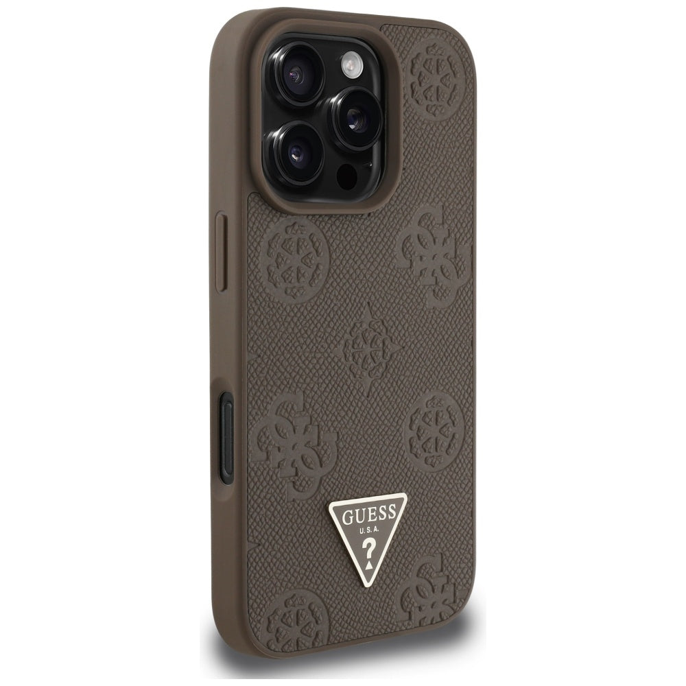 Pouzdro MagSafe pro Apple iPhone 16 Pro, Guess, Peony Grained Hot Stamp Triangle, Hnědá