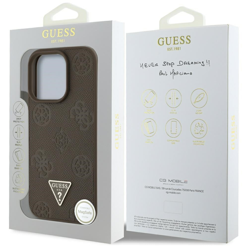 Pouzdro MagSafe pro Apple iPhone 16 Pro, Guess, Peony Grained Hot Stamp Triangle, Hnědá