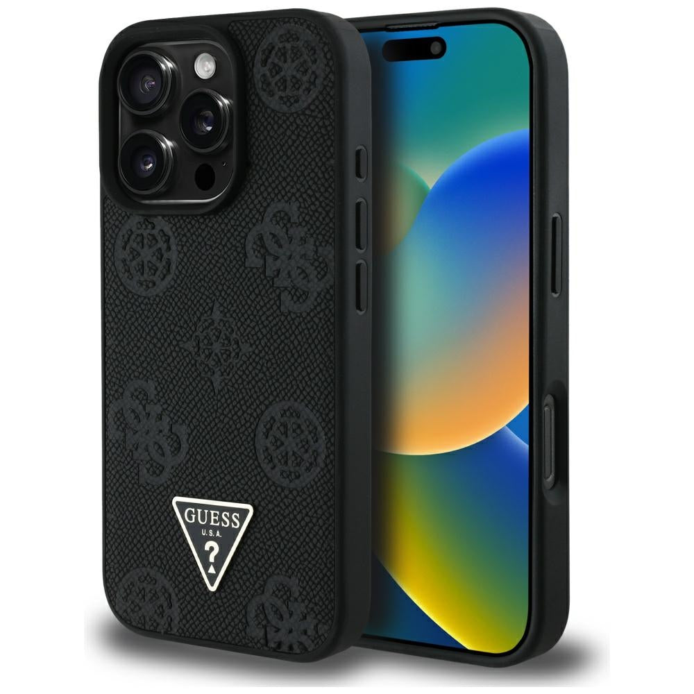 Pouzdro MagSafe pro Apple iPhone 16 Pro, Guess, Peony Grained Hot Stamp Triangle, Černá