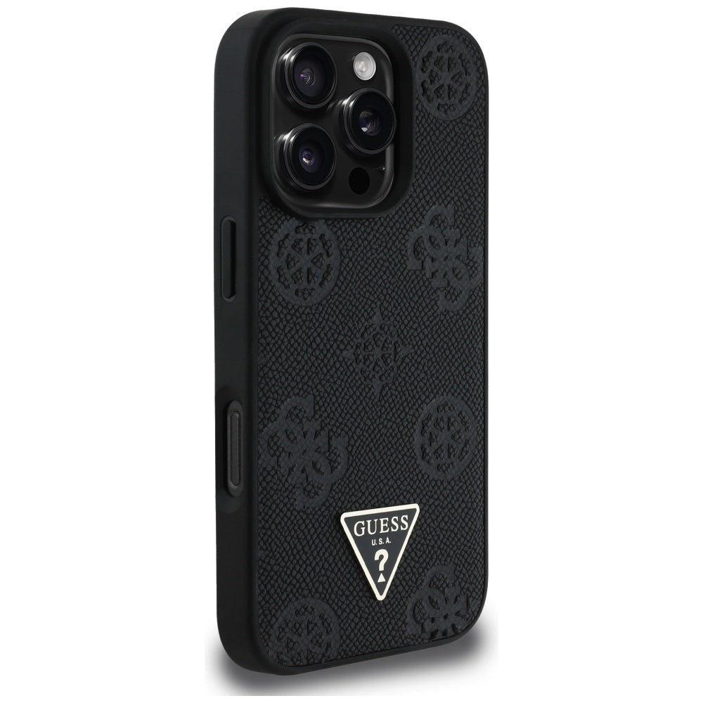 Pouzdro MagSafe pro Apple iPhone 16 Pro, Guess, Peony Grained Hot Stamp Triangle, Černá
