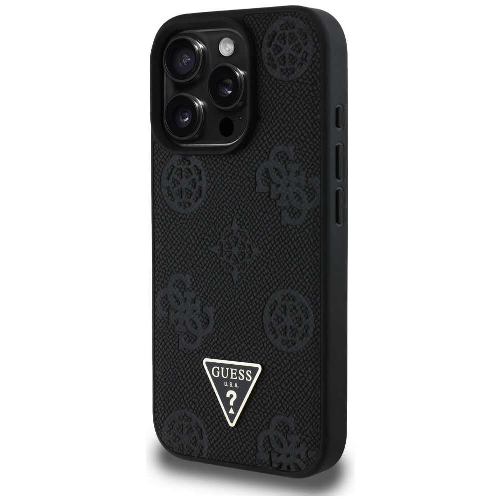 Pouzdro MagSafe pro Apple iPhone 16 Pro, Guess, Peony Grained Hot Stamp Triangle, Černá