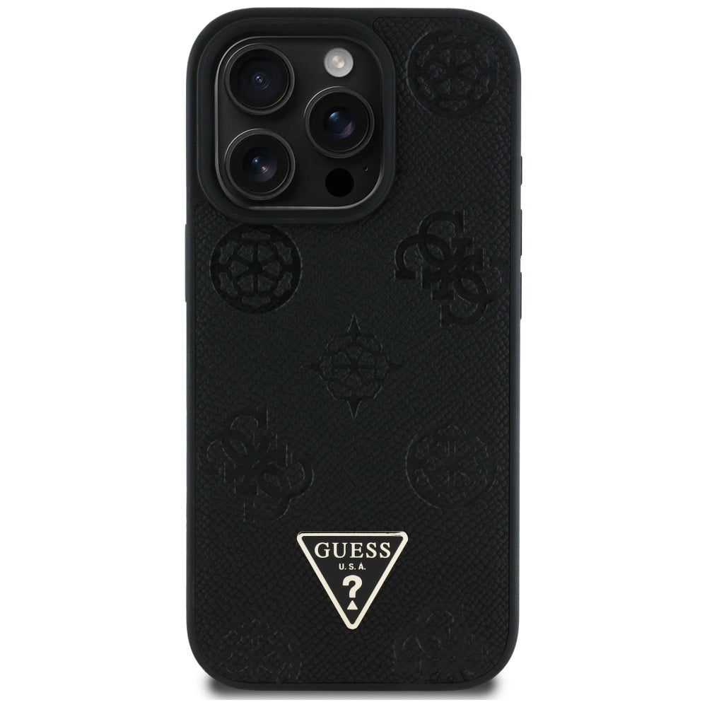 Pouzdro MagSafe pro Apple iPhone 16 Pro, Guess, Peony Grained Hot Stamp Triangle, Černá