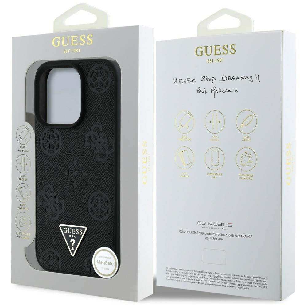 Pouzdro MagSafe pro Apple iPhone 16 Pro, Guess, Peony Grained Hot Stamp Triangle, Černá