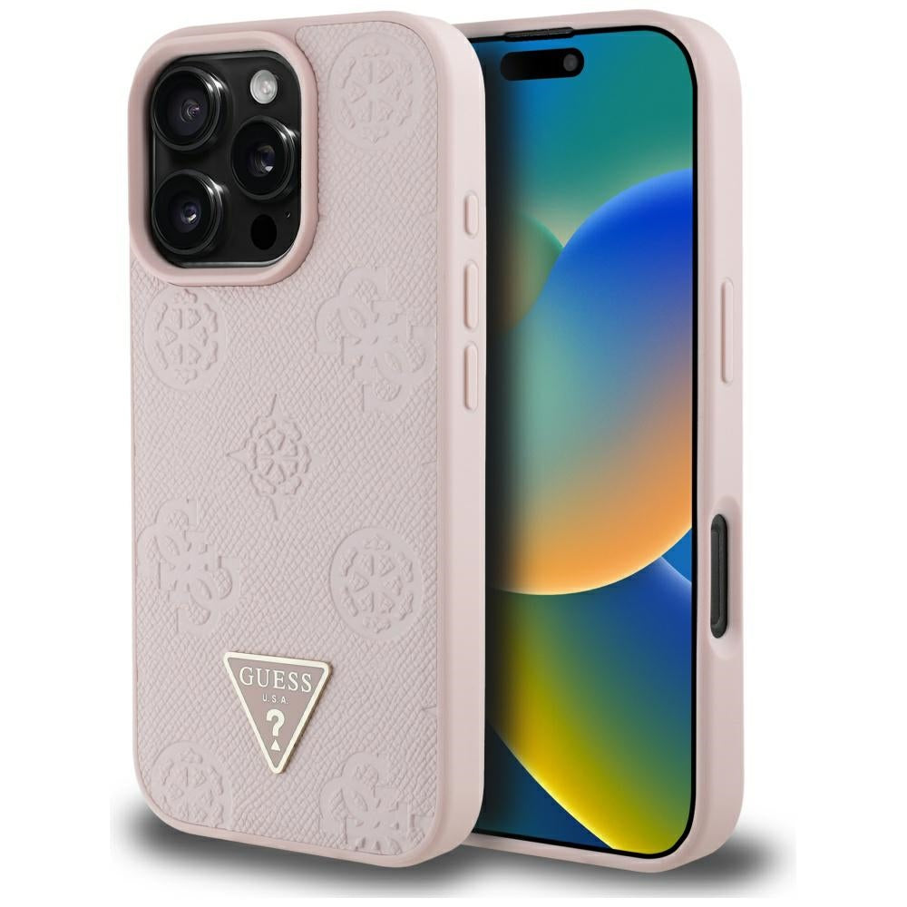 Pouzdro MagSafe pro Apple iPhone 16 Pro, Guess, Peony Grained Hot Stamp Triangle, Růžové