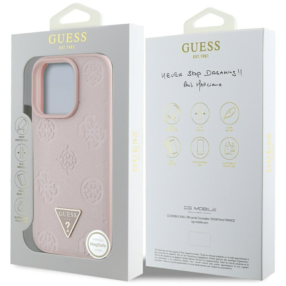 Pouzdro MagSafe pro Apple iPhone 16 Pro, Guess, Peony Grained Hot Stamp Triangle, Růžové