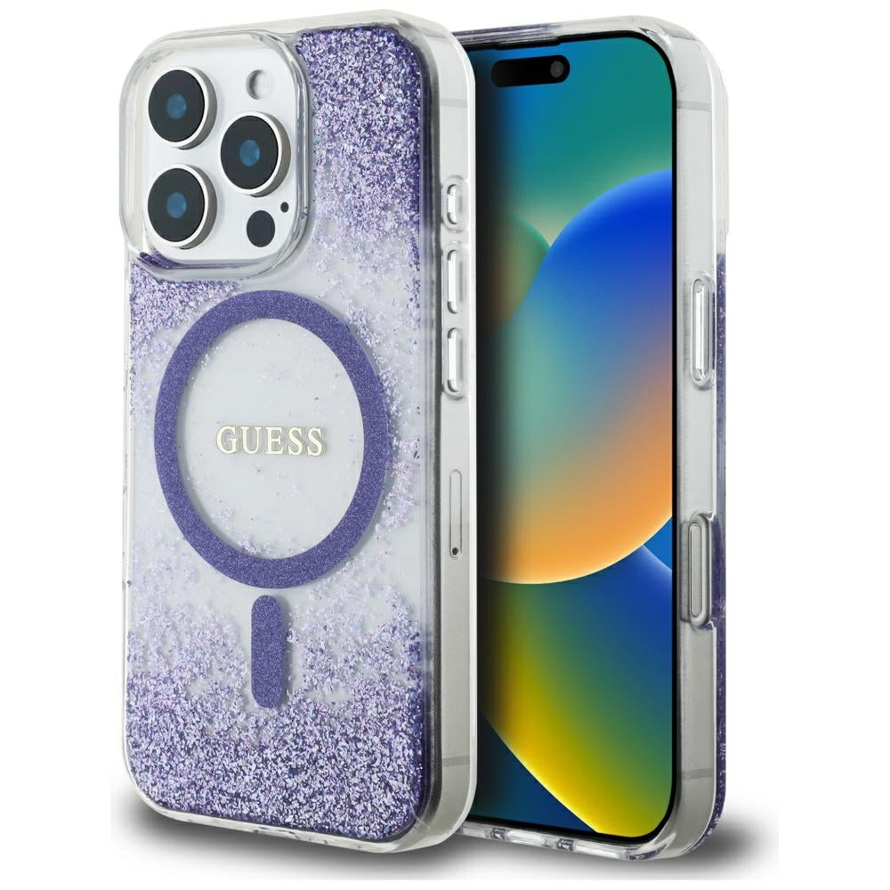 Pouzdro MagSafe pro Apple iPhone 16 Pro, Guess, Resin Bottom Glitter, Fialová