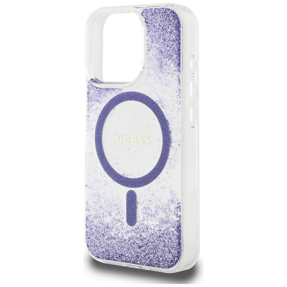 Pouzdro MagSafe pro Apple iPhone 16 Pro, Guess, Resin Bottom Glitter, Fialová