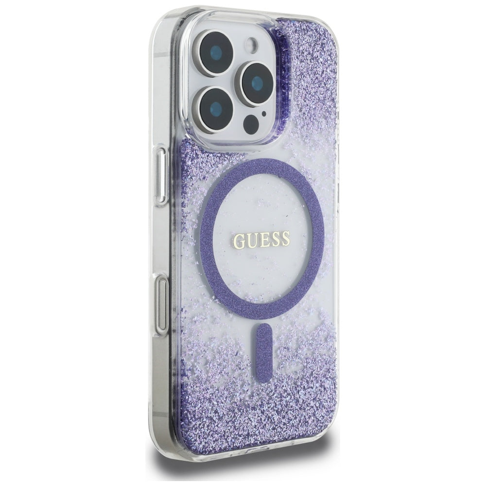 Pouzdro MagSafe pro Apple iPhone 16 Pro, Guess, Resin Bottom Glitter, Fialová