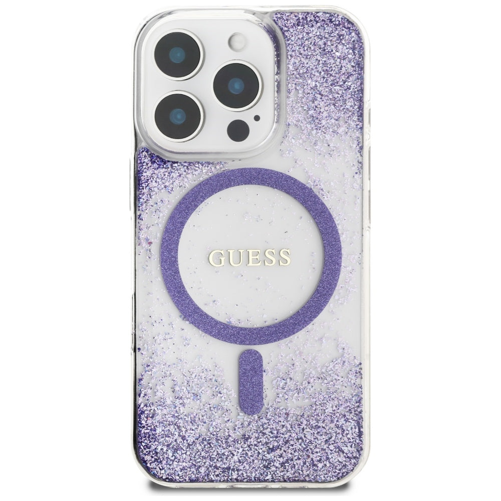 Pouzdro MagSafe pro Apple iPhone 16 Pro, Guess, Resin Bottom Glitter, Fialová