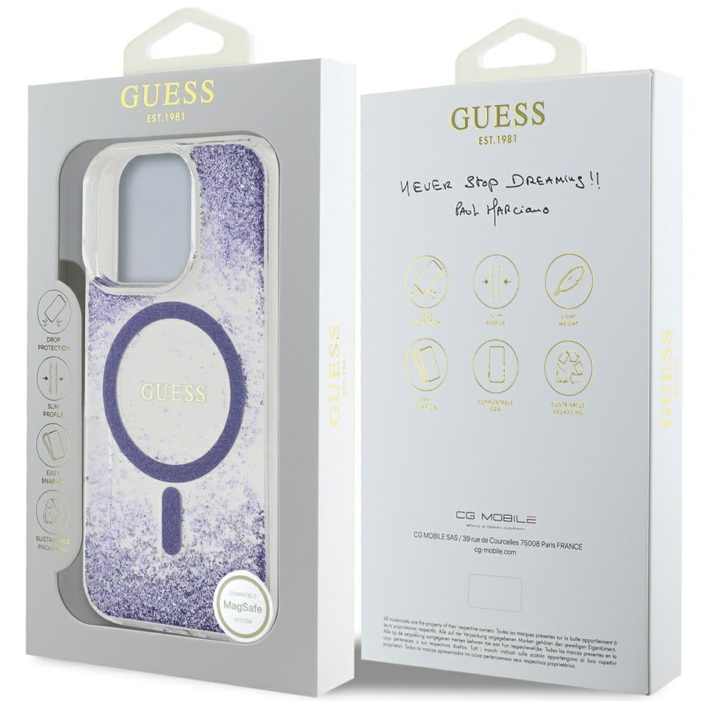 Pouzdro MagSafe pro Apple iPhone 16 Pro, Guess, Resin Bottom Glitter, Fialová