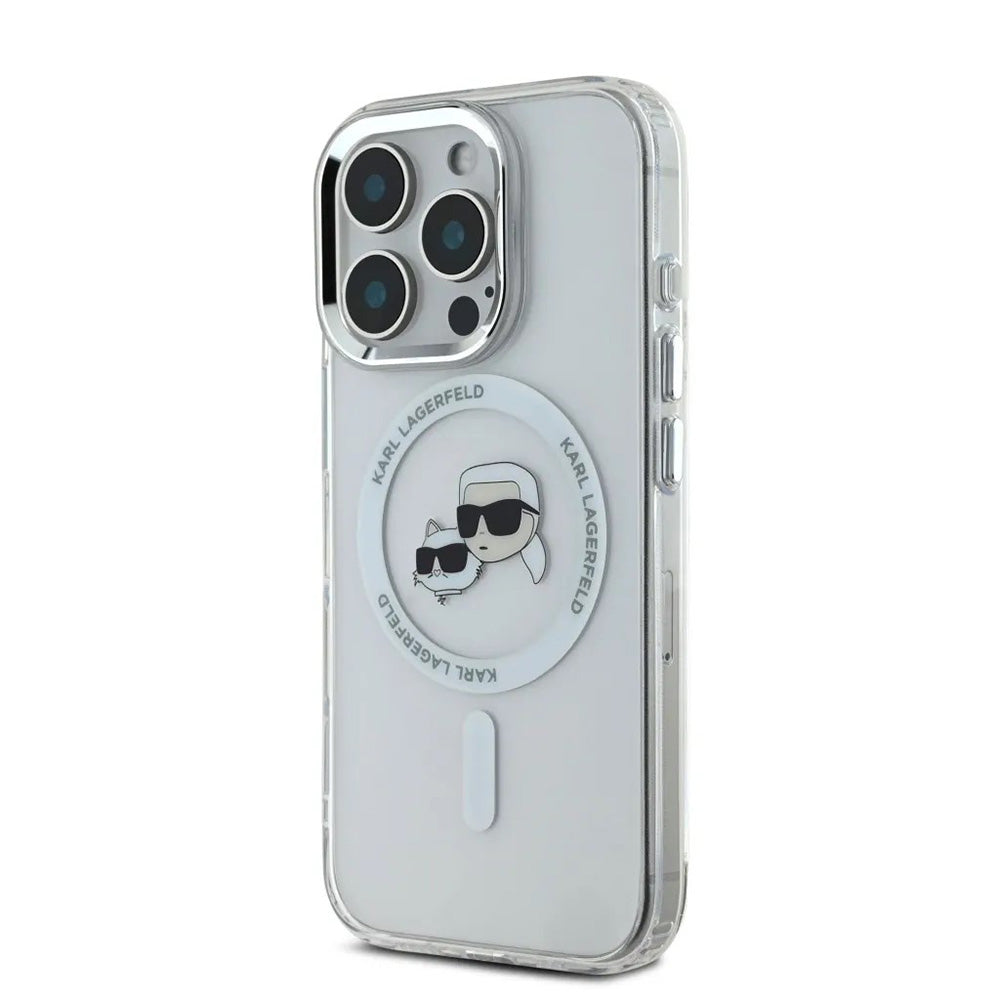 Pouzdro MagSafe pro Apple iPhone 16 Pro, Karl Lagerfeld, IML Metal Karl & Choupette's Heads, Bílá.
