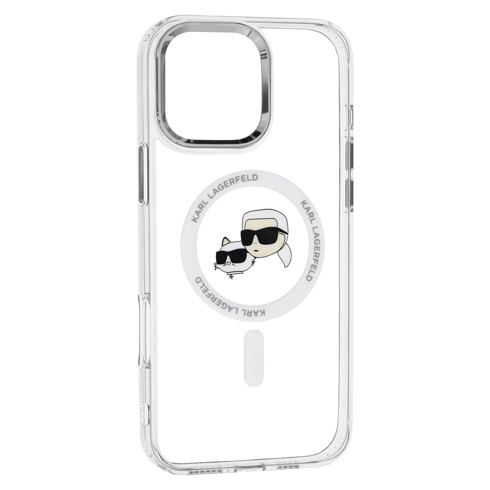 Pouzdro MagSafe pro Apple iPhone 16 Pro, Karl Lagerfeld, IML Metal Karl & Choupette's Heads, Bílá.