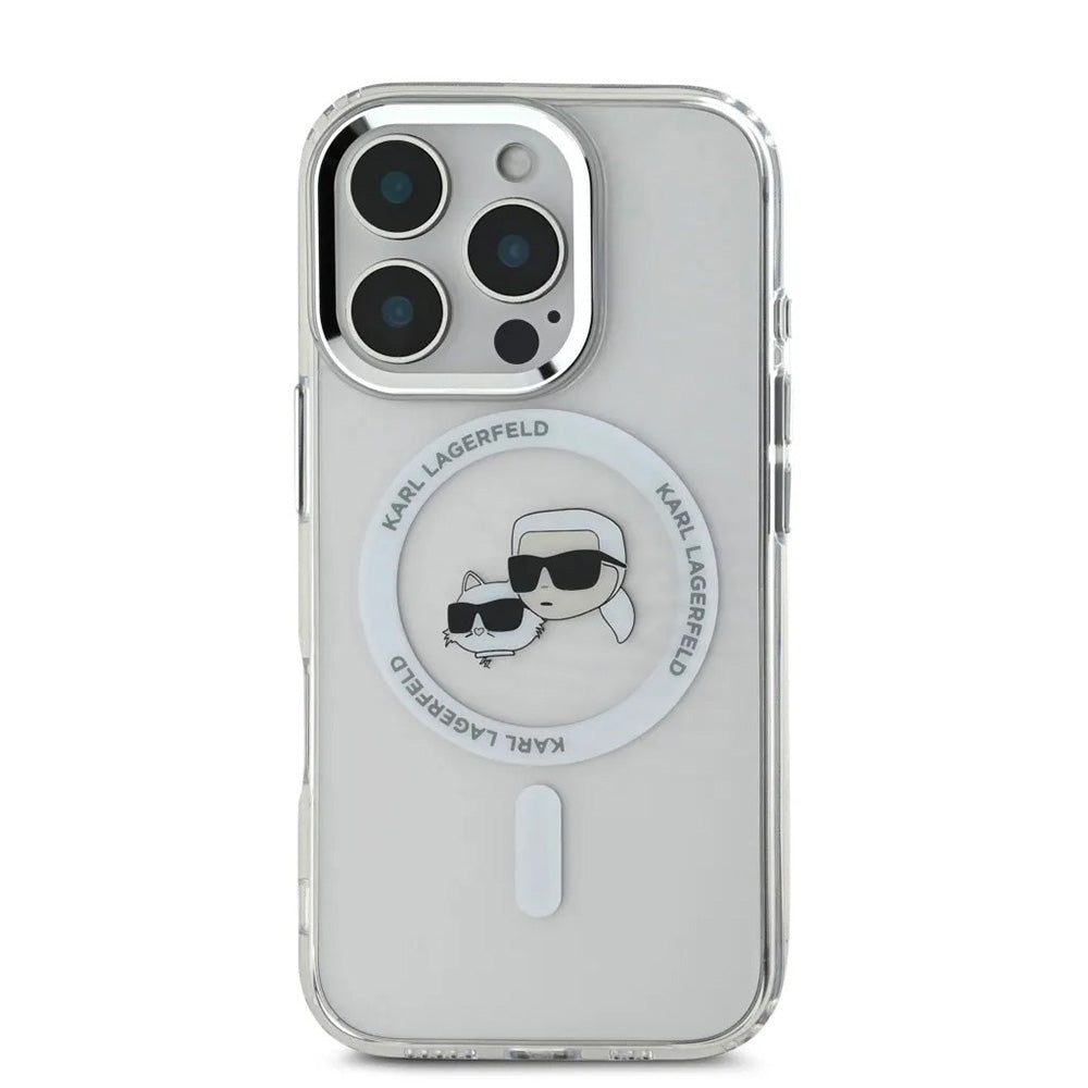 Pouzdro MagSafe pro Apple iPhone 16 Pro, Karl Lagerfeld, IML Metal Karl & Choupette's Heads, Bílá.