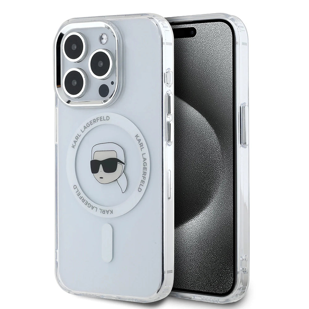Pouzdro MagSafe pro Apple iPhone 16 Pro, Karl Lagerfeld, IML Metal Karl's Head, Bílá
