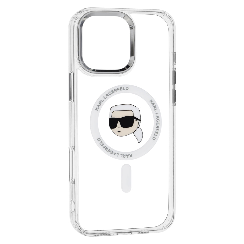 Pouzdro MagSafe pro Apple iPhone 16 Pro, Karl Lagerfeld, IML Metal Karl's Head, Bílá