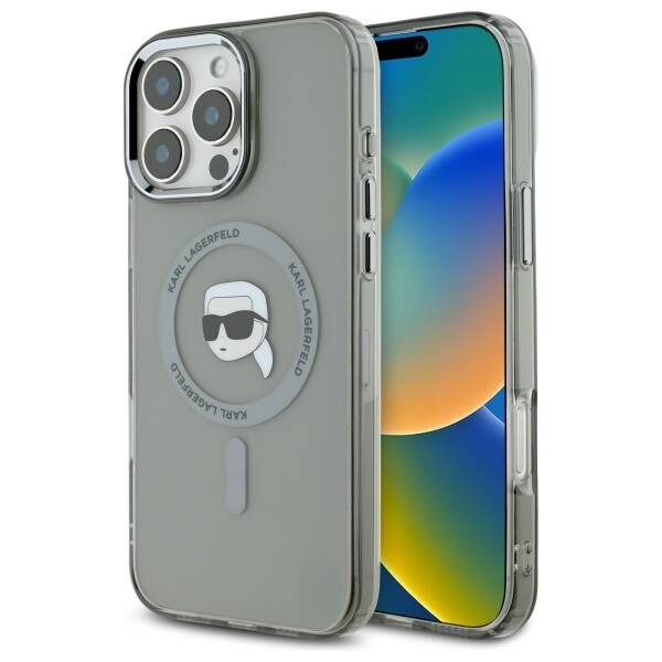 Pouzdro MagSafe pro Apple iPhone 16 Pro, Karl Lagerfeld, IML Metal Karl's Head, Černá