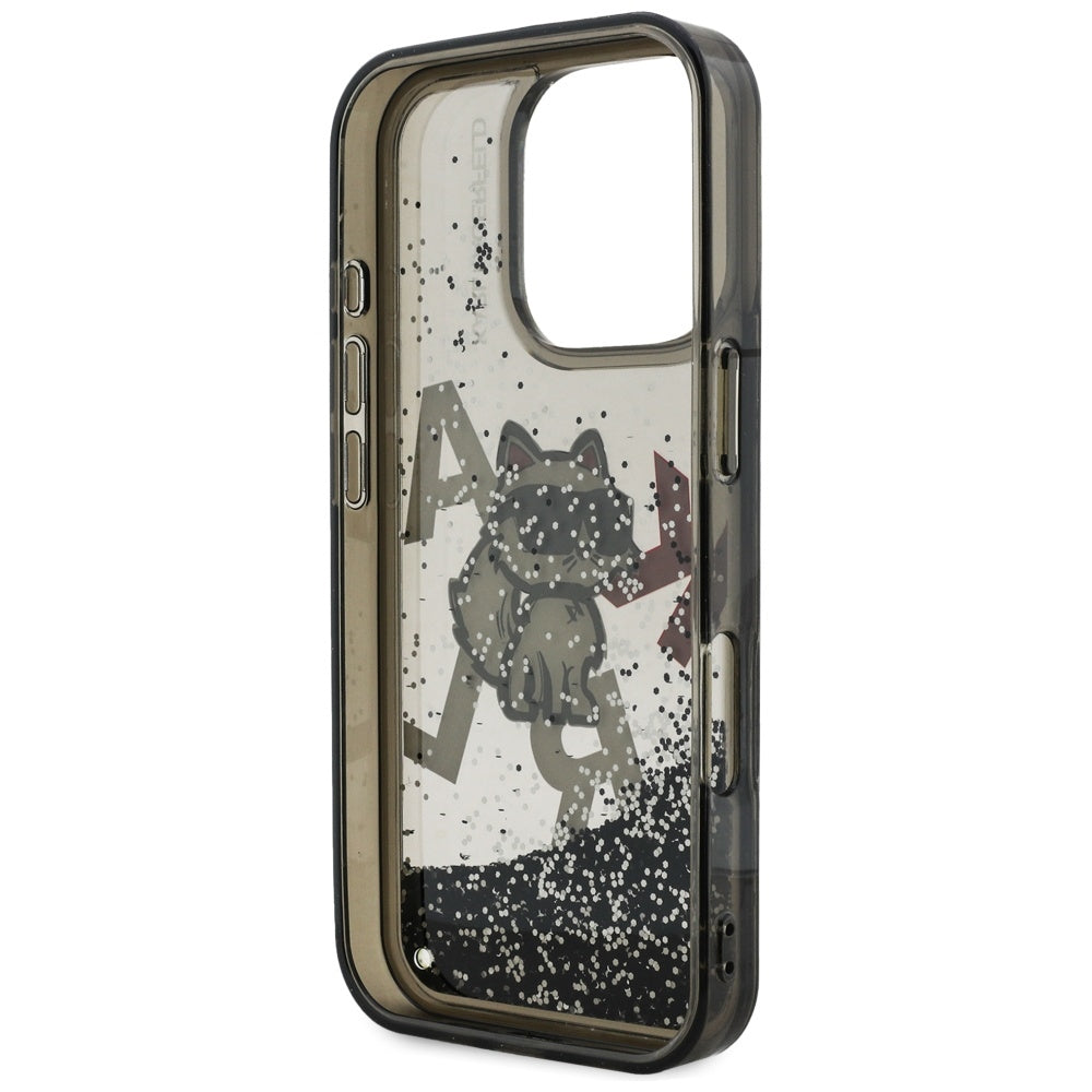 Pouzdro MagSafe pro Apple iPhone 16 Pro, Karl Lagerfeld, Liquid Glitter Choupette Logo, Černá