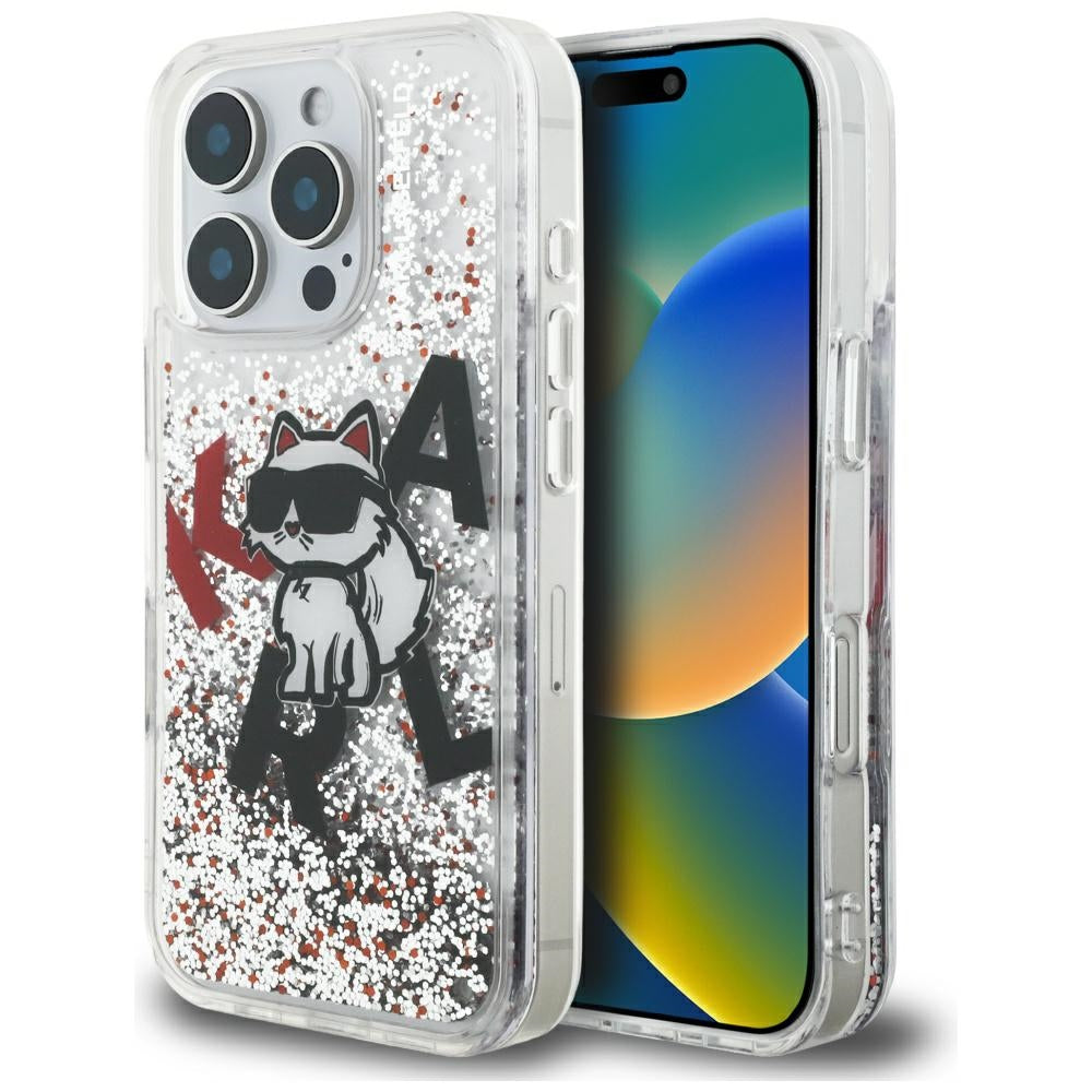 Pouzdro MagSafe pro Apple iPhone 16 Pro, Karl Lagerfeld, Liquid Glitter Choupette Logo, Transparentní