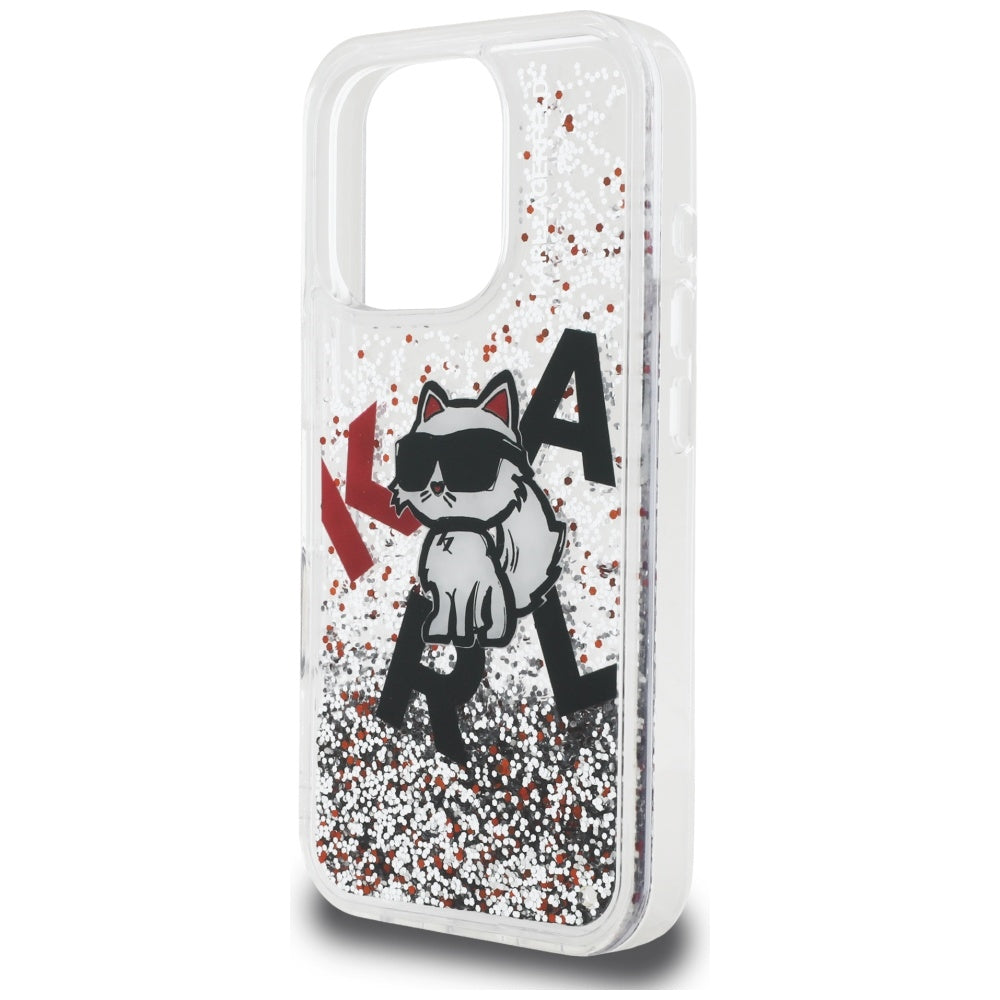 Pouzdro MagSafe pro Apple iPhone 16 Pro, Karl Lagerfeld, Liquid Glitter Choupette Logo, Transparentní