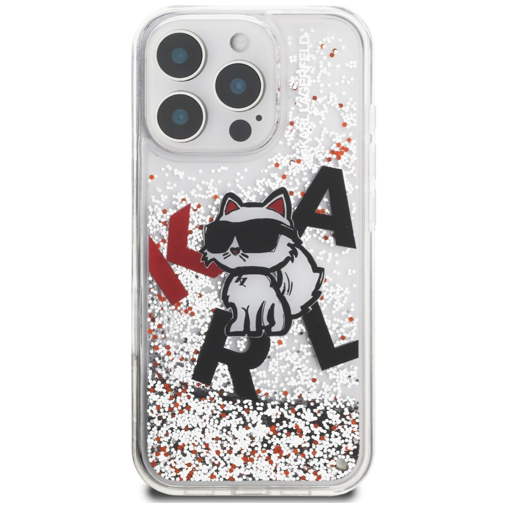 Pouzdro MagSafe pro Apple iPhone 16 Pro, Karl Lagerfeld, Liquid Glitter Choupette Logo, Transparentní