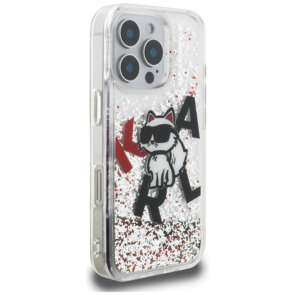Pouzdro MagSafe pro Apple iPhone 16 Pro, Karl Lagerfeld, Liquid Glitter Choupette Logo, Transparentní