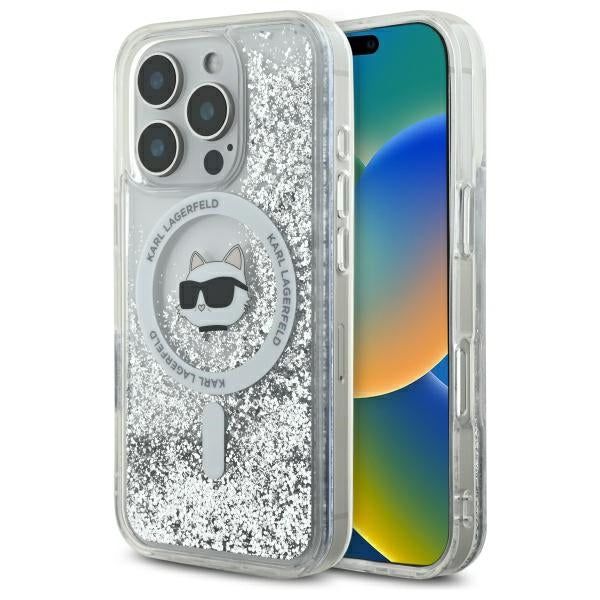 Pouzdro MagSafe pro Apple iPhone 16 Pro, Karl Lagerfeld, Liquid Glitter Choupette's Head, Transparentní