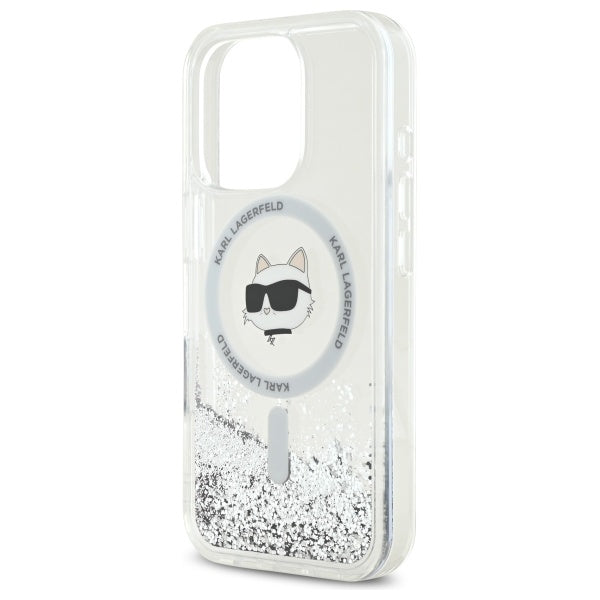 Pouzdro MagSafe pro Apple iPhone 16 Pro, Karl Lagerfeld, Liquid Glitter Choupette's Head, Transparentní
